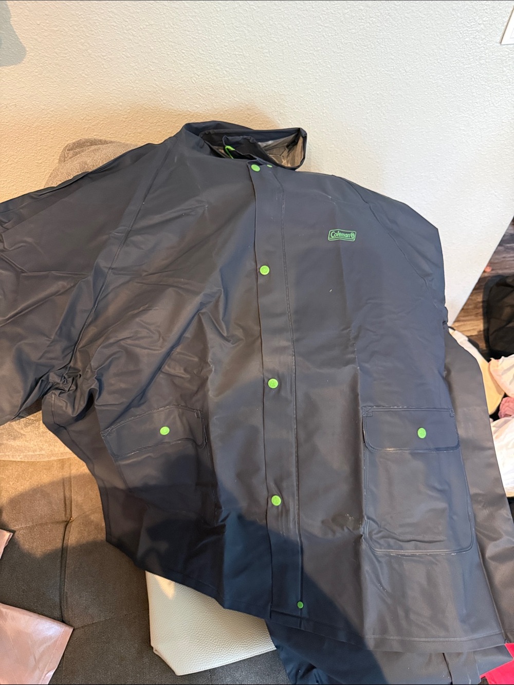 Coleman Dark Blue Raincoat and Pants with Bright Green Snaps